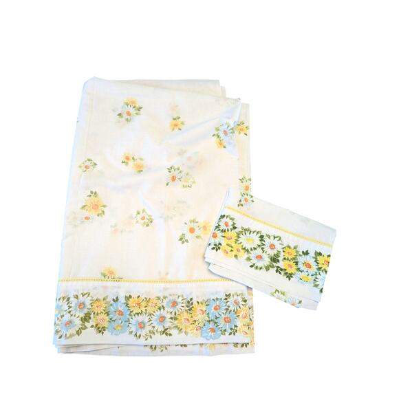 Vintage Pequot/Morgan Jones Cotton Twin Flat Sheet & Pillowcase Set Daisy Floral - Picture 1 of 10